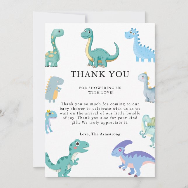 Stylish Dinosaur Baby Shower White Dankeskarte (Vorderseite)