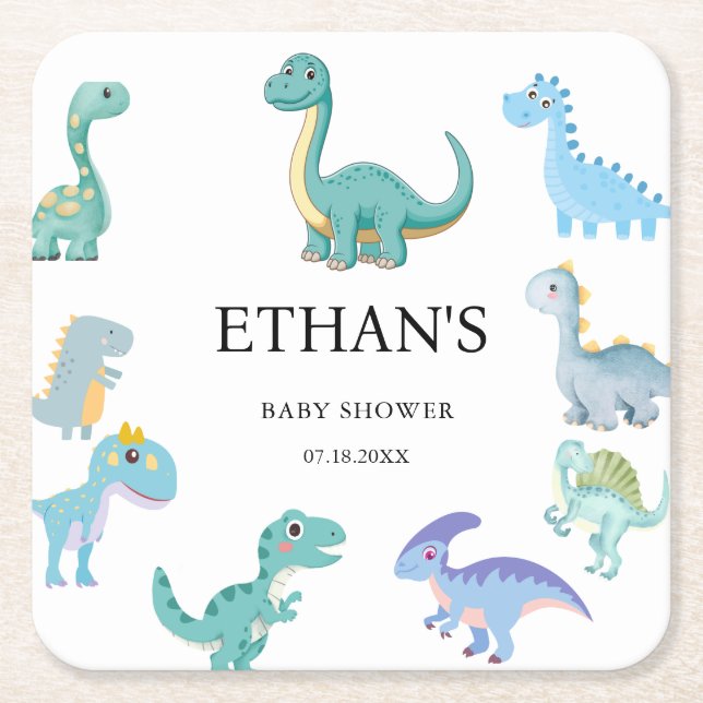 Stylish Dinosaur Baby Shower White Rechteckiger Pappuntersetzer (Vorderseite)