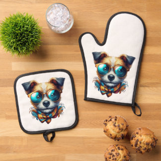 Stylish Dog With Glasses Colorful Modern Pet Art Ofenhandschuh & Topflappen-Set