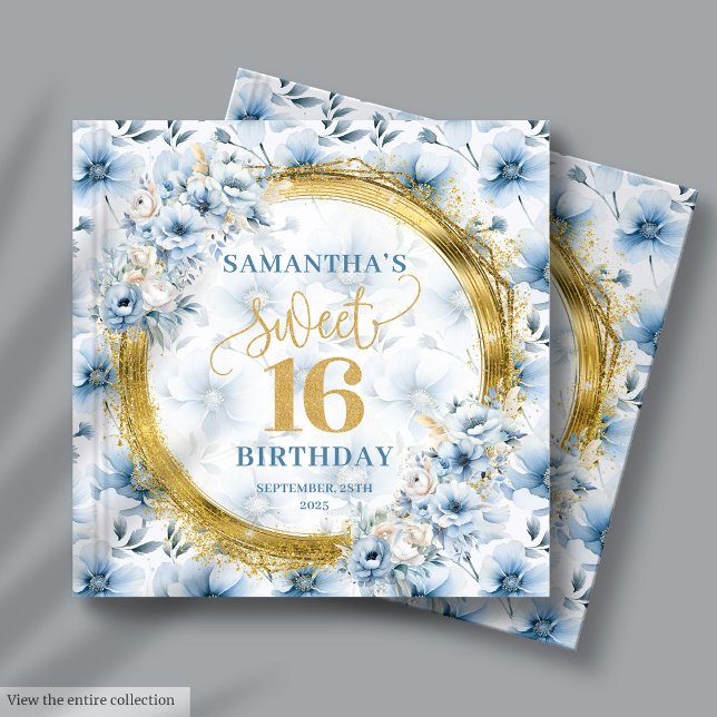 Stylish Dusty Blue Floral Gold Sweet 16 Gästebuch (Stylish Dusty Blue Floral Gold Sweet 16 Guest Book)