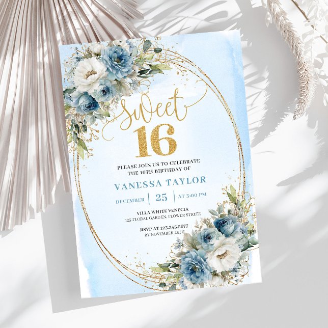 Stylish Dusty Blue Floral Gold Sweet 16th Invite Einladung (Stylish Dusty Blue Floral Gold Sweet 16th Invite)