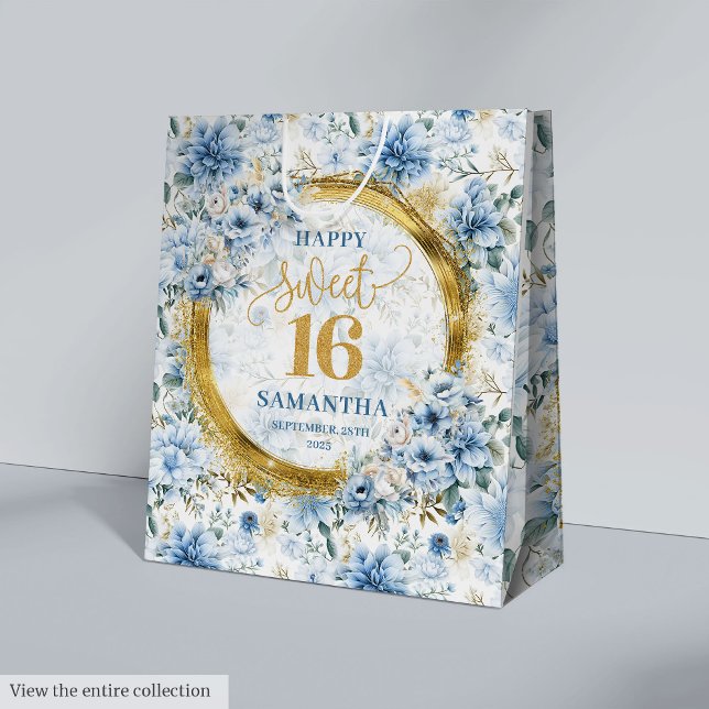 Stylish Dusty Blue Sweet 16 Gold Glitzer Geschenkt Mittlere Geschenktüte (Stylish Dusty Blue Sweet 16 Gold Glitter Gift Bags)
