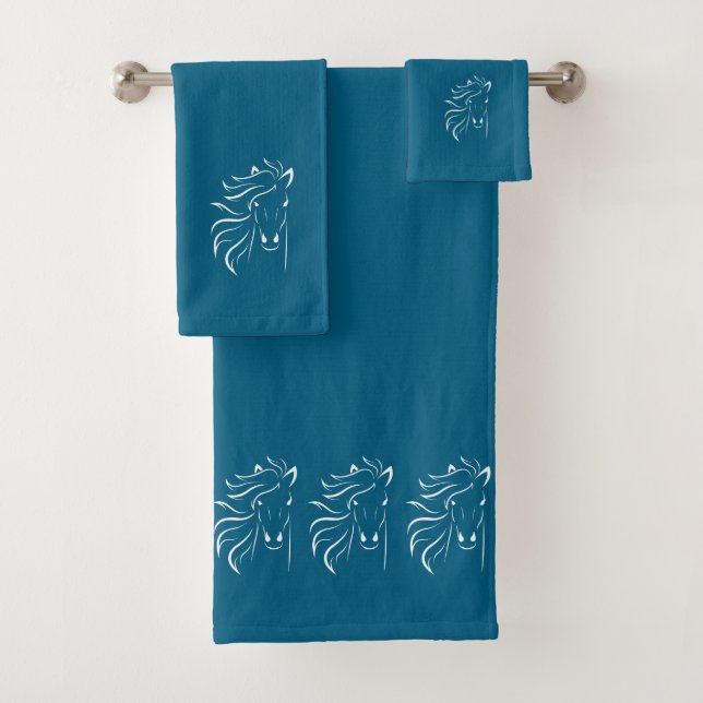 Stylish, Elegant, White Horse Silhouettes on Blue Badhandtuch Set (Insitu)