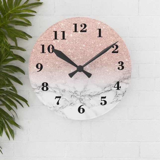 Stylish faux rose pink glitter ombre white marble runde wanduhr (Stylish faux rose pink glitter ombre white marble round clock)