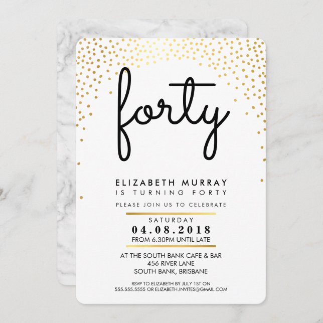 STYLISH fête de 40ème anniversaire INVITATION or c (Devant / Derrière)