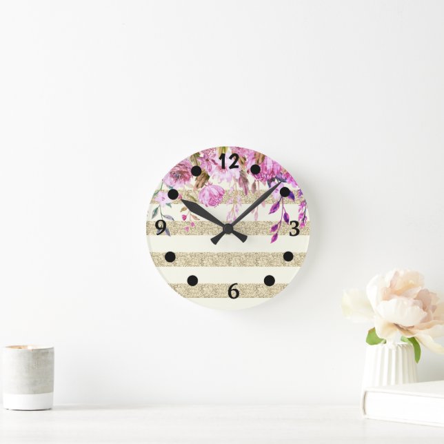 Stylish Floral Gold Striped Runde Wanduhr (Zuhause)