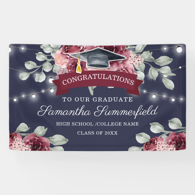 Stylish Floral Navy Class von 2022 Abschluss Banner (Horizontal)