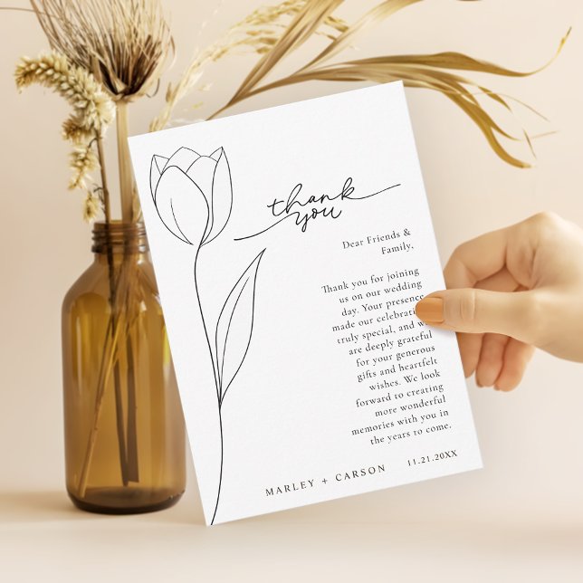 Stylish Flower Line Art Black White Wedding Dankeskarte (Von Creator hochgeladen)