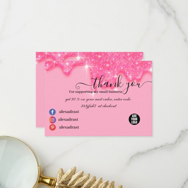 Stylish Girly Dripping Pink Glitter Thank You Card Dankeskarte (Vorderseite/Rückseite Beispiel)