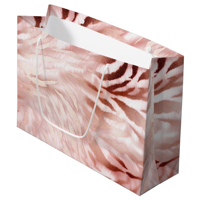 Stylish Girly Pink Rose Gold Zebra Glam Glitz Große Geschenktüte (Vorderseite Schrägansicht)
