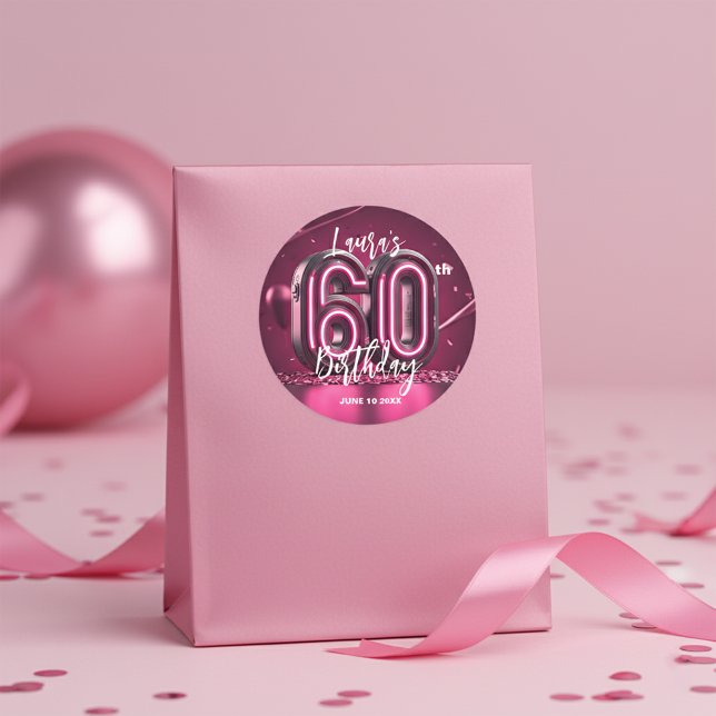 Stylish Glam Vibrant Pink Neon Glow 60th Birthday Runder Aufkleber (Von Creator hochgeladen)