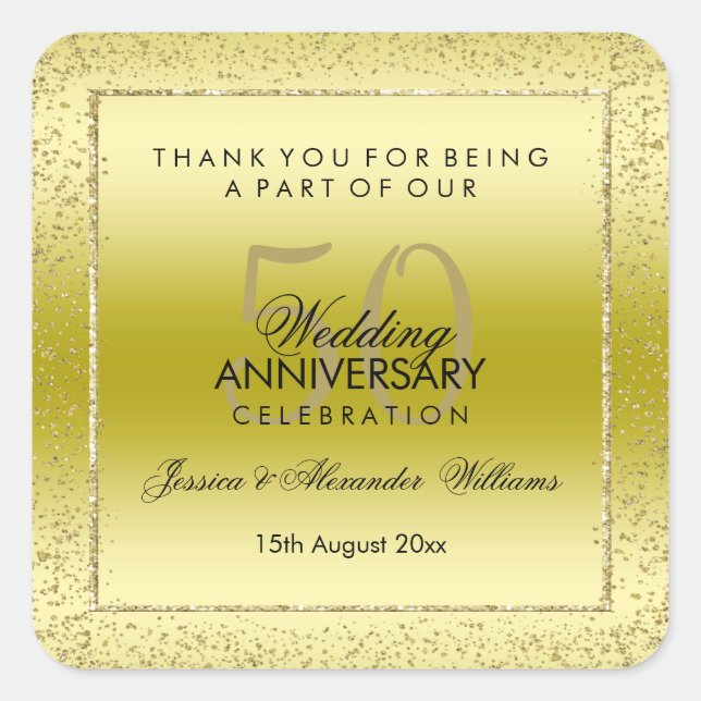 Stylish Gold Confetti 50. Hochzeit Vielen Dank Quadratischer Aufkleber (Vorderseite)