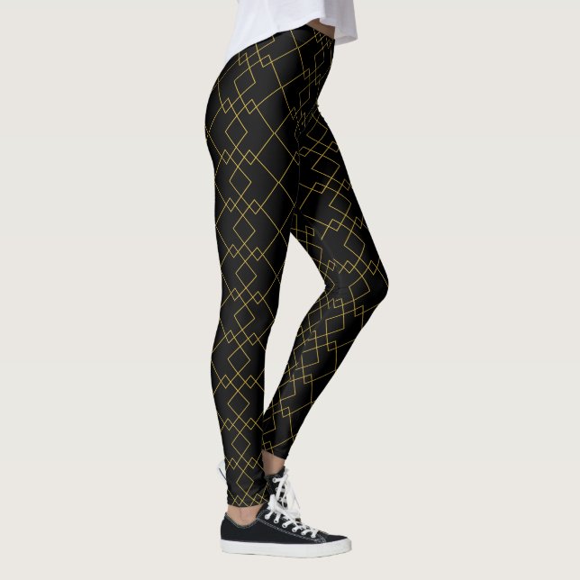 Stylish Gold Geometric Box Design Black Leggings (Rechts)