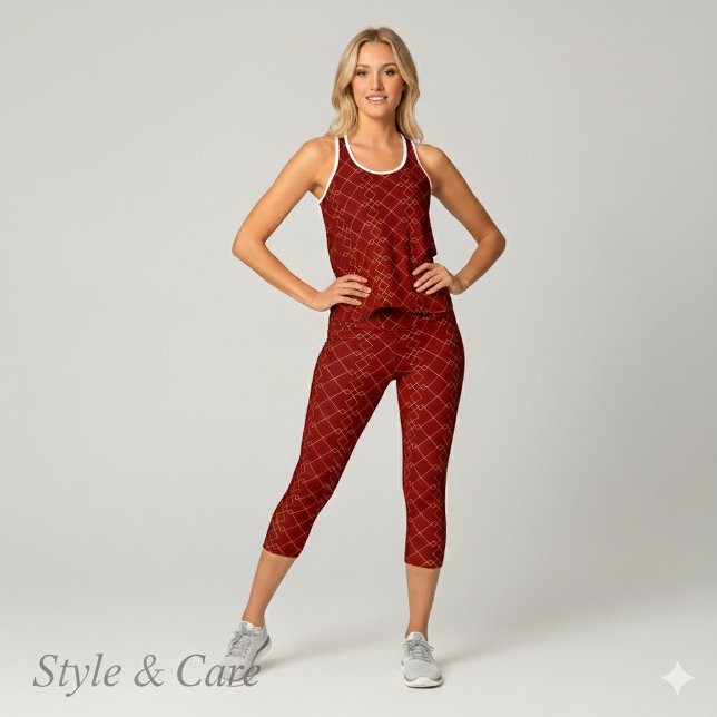 Stylish Gold Geometric Box Design Deep Red Capri Leggings (Stylish Gold Geometric Box Design Deep Red Capri Leggings)