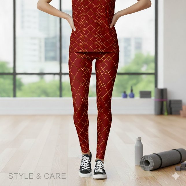Stylish Gold Geometric Box Design Deep Red Leggings (Stylish Gold Geometric Box Design Deep Red Leggings)