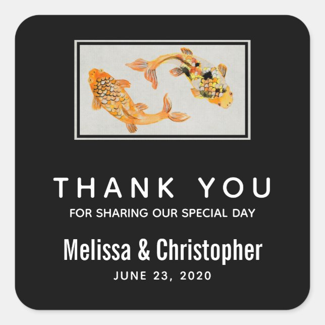 Stylish Gold Koi Fish Wedding Vielen Dank Quadratischer Aufkleber (Vorderseite)
