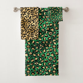 Stylish Green and Gold Foil Leopard Spots Badhandtuch Set