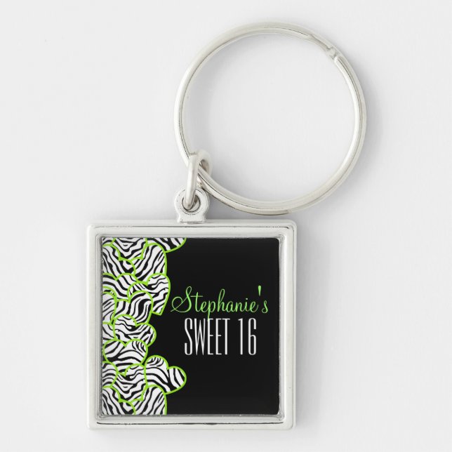 Stylish Green Sweet 16 Zebra Herzdesign Name Schlüsselanhänger (Vorne)