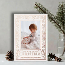 Stylish Greenery Christmas Photo Rose Gold