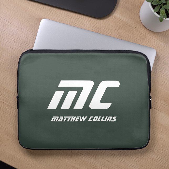 Stylish grüner personalisierter Monogramm-Männerma Laptopschutzhülle (Stylish Green Personalized Monogram Masculine Laptop Sleeve)