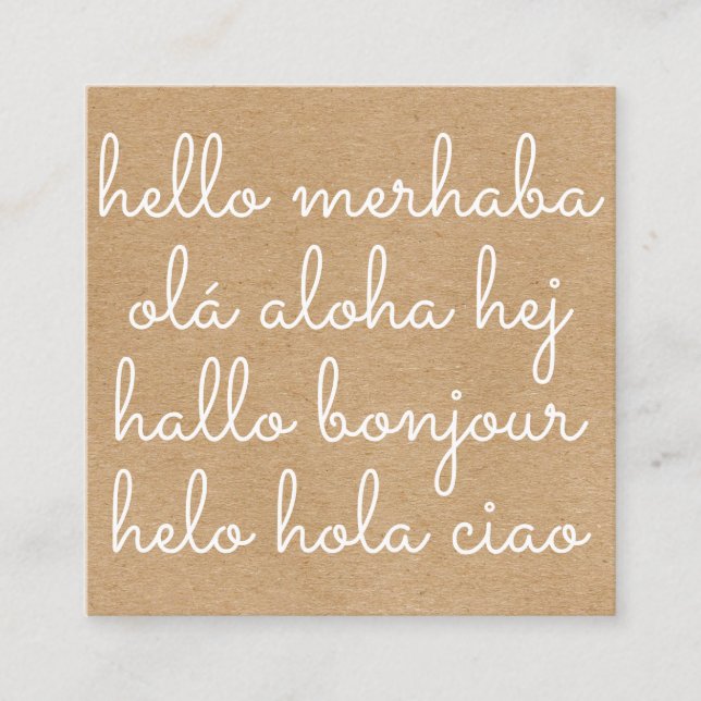 Stylish International Hello Rustic Kraft Quadratische Visitenkarte (Vorderseite)