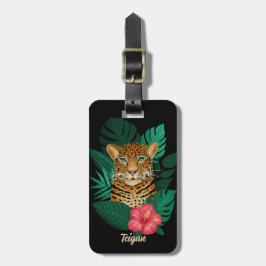 Stylish Jungle Leopard Floral Name Kids | Black Gepäckanhänger
