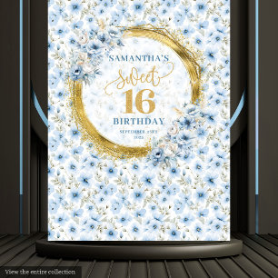 Stylish Light Blue Sweet 16 Gold Glitzer Banner Wandteppich