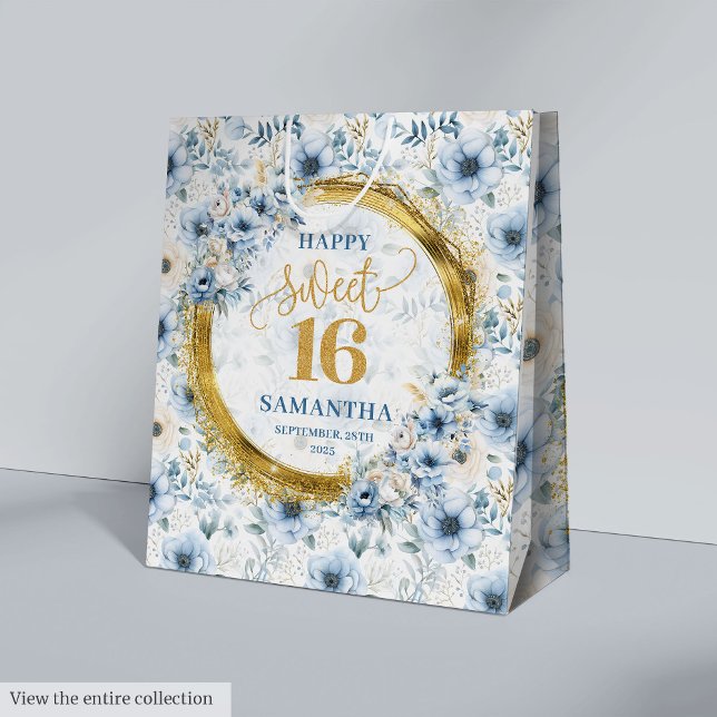 Stylish Light Blue Sweet 16 Gold Glitzer Geschenkt Mittlere Geschenktüte (Stylish Light Blue Sweet 16 Gold Glitter Gift Bag)