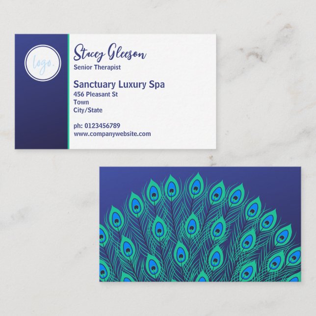 STYLISH LOGO ART DECO BLAUE WHITE PEACOCK FEATHERS VISITENKARTE (Vorne/Hinten)