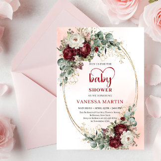Stylish Marsala Flowers Greenery Baby Shower Card Einladung
