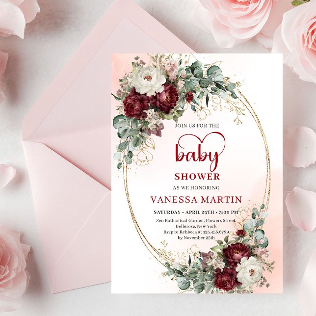 Stylish Marsala Flowers Greenery Baby Shower Card Einladung (Stylish Marsala Flowers Greenery Baby Shower Card

)