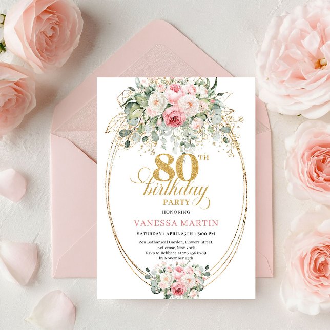 Stylish Minimal Blush Floral 80th Birthday Invite Einladung (Stylish Minimal Blush Floral 80th Birthday Invitation

)