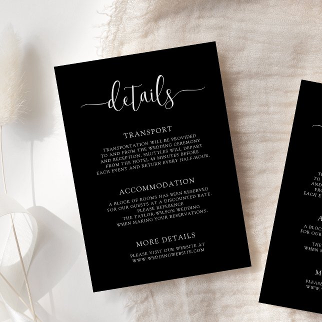 Stylish Modern Calligraphy Black Wedding Details Begleitkarte (Von Creator hochgeladen)