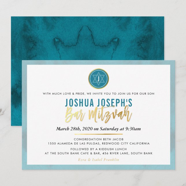 STYLISH MONOGRAM BAR MITZVAH aquamarin-blaues Gold Einladung (Vorne/Hinten)