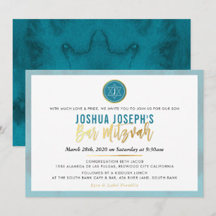 STYLISH MONOGRAM BAR MITZVAH aquamarines blaues Go Einladung