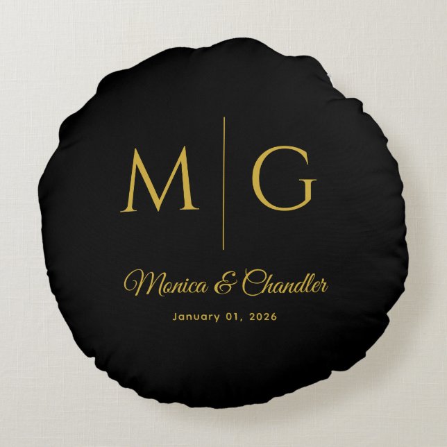 Stylish Monogram With Couple Name Black Rundes Kissen (Rückseite)