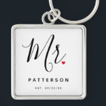 Stylish Mr. Custom Last Name & Date Wedding Schlüsselanhänger<br><div class="desc">The perfect gift for any groom to be,  the fun and modern design features a stylish typography script ""Mr." with cute little red love heart full stops. The design is easy to personalise with your surname and established date and will be the perfect keepsake from your special day.</div>