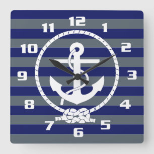 Stylish Nautical Anchor and Blue Stripe Pattern Quadratische Wanduhr