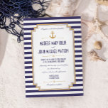 Stylish Nautical Gold Anchor Wedding Invitation Einladung<br><div class="desc">Customize this stylish modern Nautical Wedding Invitation with a gold anchor. Please note that gold in this design is a flat color print and is not an actual gold color. Blue and white striped design, set as a template for an easy online customization. Available also as a instant digital download....</div>