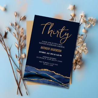 Stylish Navy Blue Gold Agate 30. Geburtstag Party Einladung