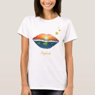 Stylish Ozean Sonnenaufgang Lippen, Sterne und Kal T-Shirt