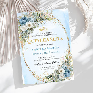 Stylish Pastel Blue Gold Eucalyptus 15th Birthday  Einladung