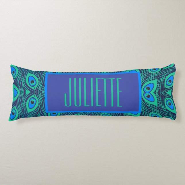 STYLISH PEACOCK FEATHERS IN GREEN & BLAUE MIT TEXT SEITENSCHLÄFERKISSEN (Vorderseite)