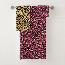 Stylish Pink and Gold Foil Leopard Spots Badhandtuch Set