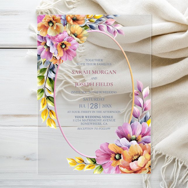 Stylish Pink and Orange Floral Wedding Acryleinladungen (Von Creator hochgeladen)