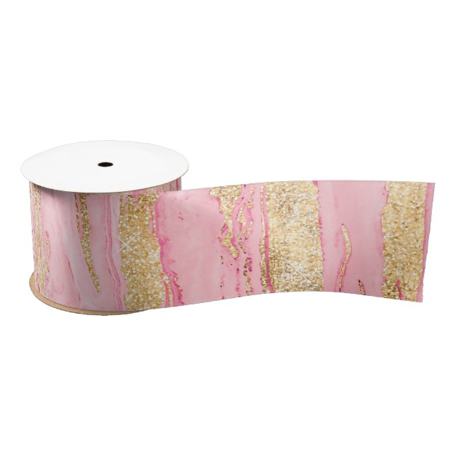 Stylish Pink Gold Abstract Marble Liquid Paint Satinband (Spule)