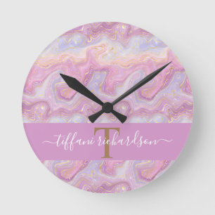  Stylish Pink Purple Gold Agate Geode Runde Wanduhr