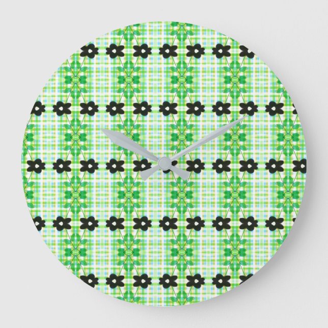 Stylish Plaid And Floral Clock Große Wanduhr (Vorderseite)