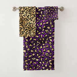 Stylish Purple and Gold Foil Leopard Spots Badhandtuch Set