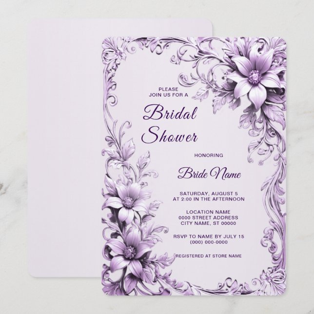 Stylish Purple Flowers Bridal Shower Invitation Einladung (Vorne/Hinten)